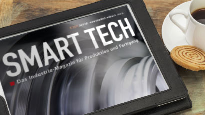 Bildschirm eines Tablets mit dem Titel SMART TECH das Industrie Magazin, Industrie 4.0