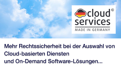 Offizielles Logo der Initative Cloud Made in Germany Wolken Schrift und Text