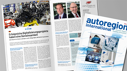 autoregion international Titelseite und Interview INFOSERVE aufgeklappt auf dem Schreibtisch