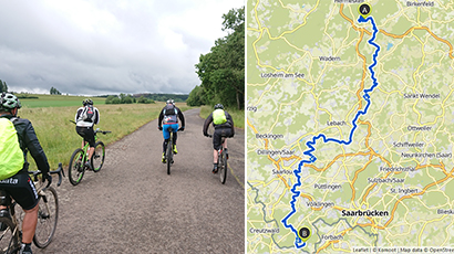 eurodata Radteam fahren aufe einem Weg - Karte Fahrstecke Saarland Nord nach Süd