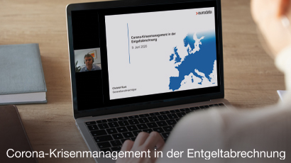 Webinar Foto Christof Kurz auf Bildschirm eurodata Präsentation Titel Corona-Krisenmanagement in der Entgeltabrechnung
