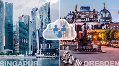 Mit edcloud die Zusammenarbeit zukunftssicher gestalten Bild Wolke und 2 Städtefotos Singapur Dresden
