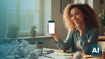 Frau zeigt die digitale Zeiterfassung von edtime auf ihrem Smartphone – als Alternative zur manuellen Zeiterfassung mit Papier und Stundenzetteln.